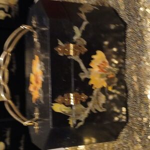 Vintage Annie Laurie Palm Beach Butterfly and Flowers Black Hard Shell Box Purse